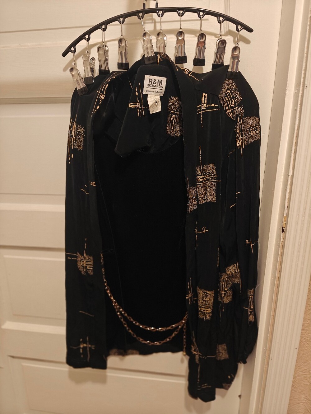 R&M Richards Women's Black Gold Geometric Chain Open Cardigan Jacket Size 16